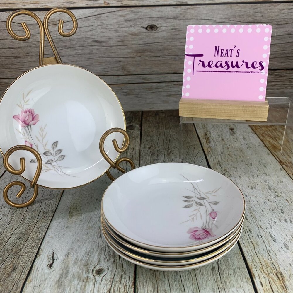 Camelot AMERICAN ROSE Pink Floral Gray Leaves China Fruit Dessert Bowls  Set 5